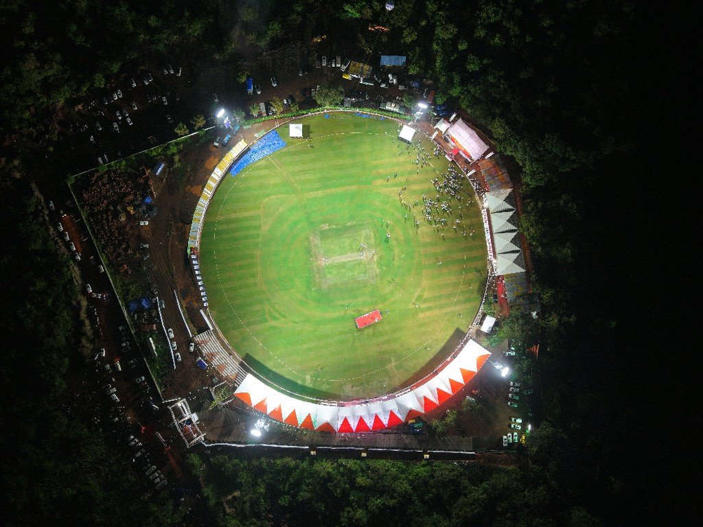 Direct overhead aerial of cricket pitch and circular outfield
